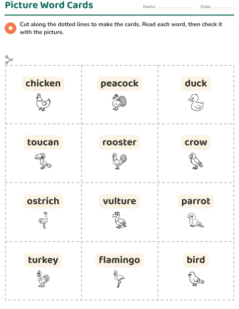 Preview of Picture Word Cards worksheet featuring Birds BW 2 for kindergarten