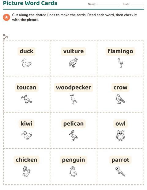 Preview of Picture Word Cards worksheet featuring Birds BW for kindergarten