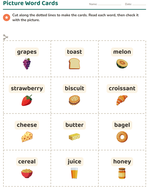 Preview of Picture Word Cards worksheet featuring Breakfast for kindergarten
