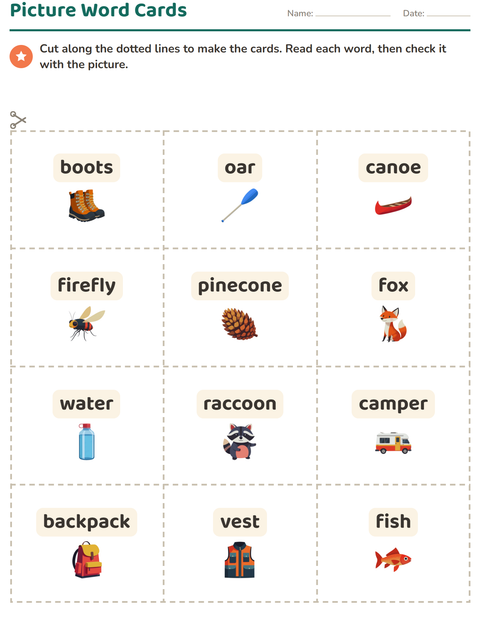 Preview of Picture Word Cards worksheet featuring Camping for kindergarten