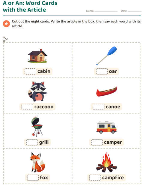 Preview of Picture Word Cards worksheet featuring Camping for kindergarten