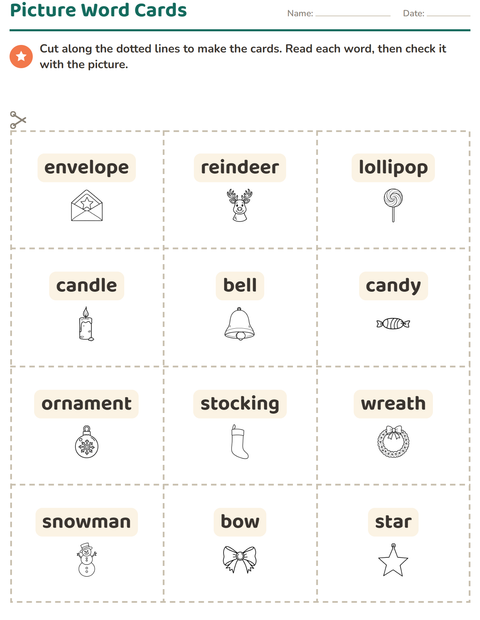 Preview of Picture Word Cards worksheet featuring Christmas B&W for kindergarten