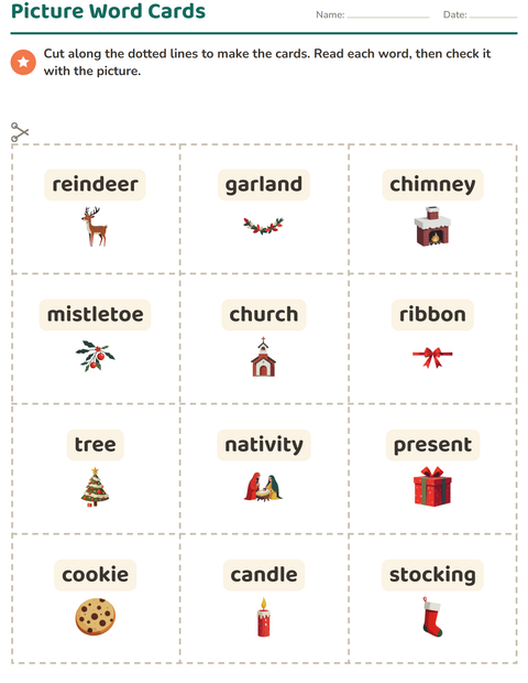 Preview of Picture Word Cards worksheet featuring Christmas for kindergarten