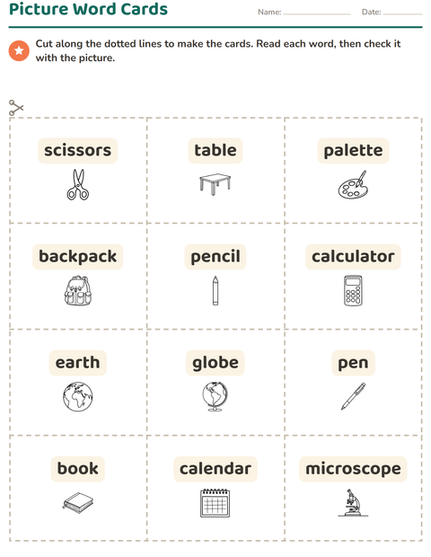 Preview of Picture Word Cards worksheet featuring Classroom 2 (B&W) for kindergarten