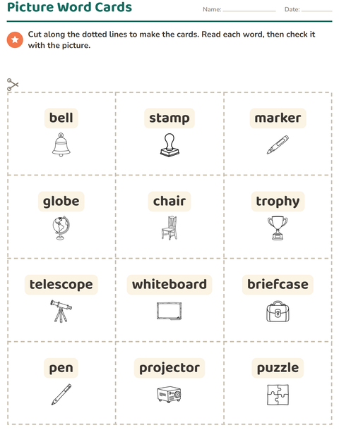 Preview of Picture Word Cards worksheet featuring Classroom (B&W) for kindergarten