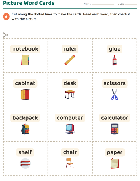 Preview of Picture Word Cards worksheet featuring Classroom for kindergarten