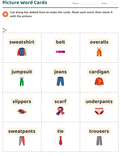 Preview of Picture Word Cards worksheet featuring Clothing for kindergarten