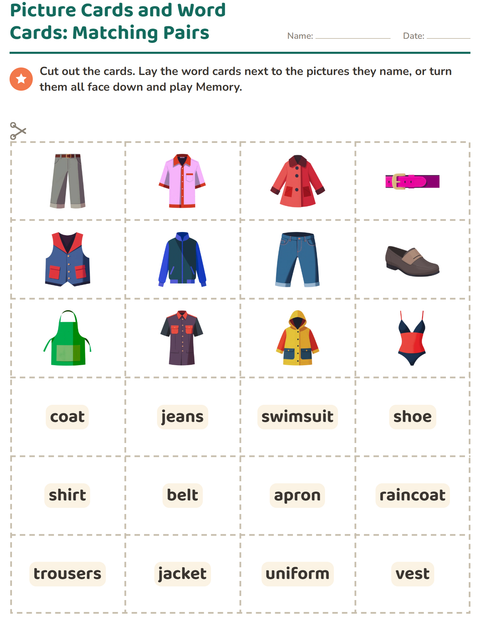 Preview of Picture Word Cards worksheet featuring Clothing for kindergarten