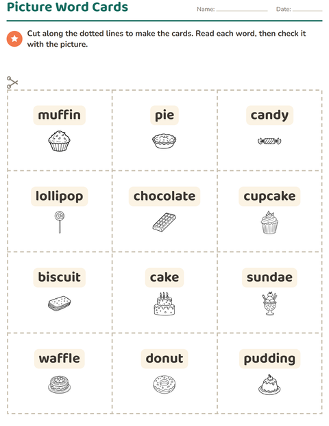 Preview of Picture Word Cards worksheet featuring Dessert (B&W) for kindergarten