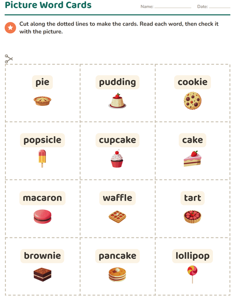 Preview of Picture Word Cards worksheet featuring Desserts and Sweets for kindergarten