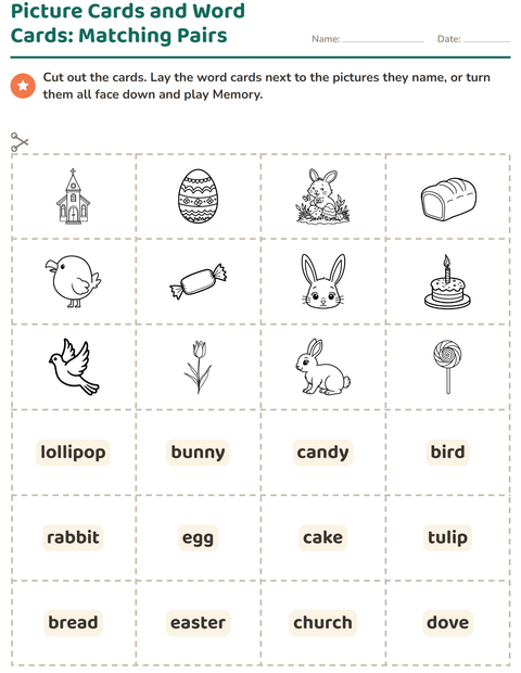 Preview of Picture Word Cards worksheet featuring Easter BW for kindergarten