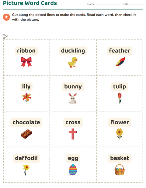Preview of Picture Word Cards worksheet featuring Easter for kindergarten