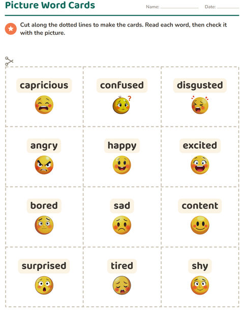 Preview of Picture Word Cards worksheet featuring Emotions for kindergarten