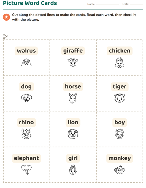 Preview of Picture Word Cards worksheet featuring Faces BW for kindergarten