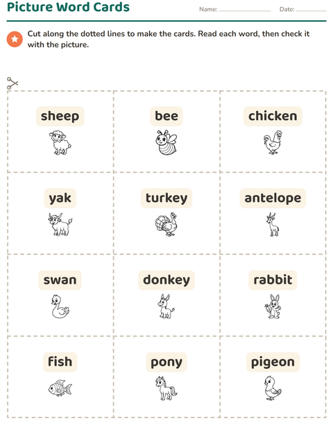 Preview of Picture Word Cards worksheet featuring Farm Animals BW for kindergarten
