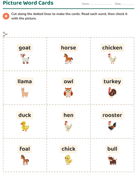 Preview of Picture Word Cards worksheet featuring Farm Animals for kindergarten