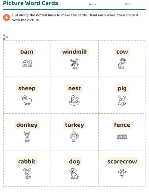 Preview of Picture Word Cards worksheet featuring Farm BW for kindergarten