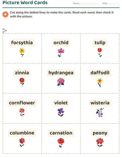 Preview of Picture Word Cards worksheet featuring Flowers for kindergarten