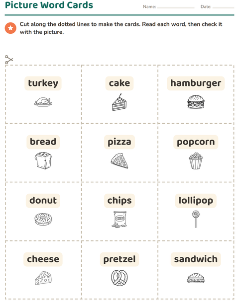 Preview of Picture Word Cards worksheet featuring Food BW 2 for kindergarten