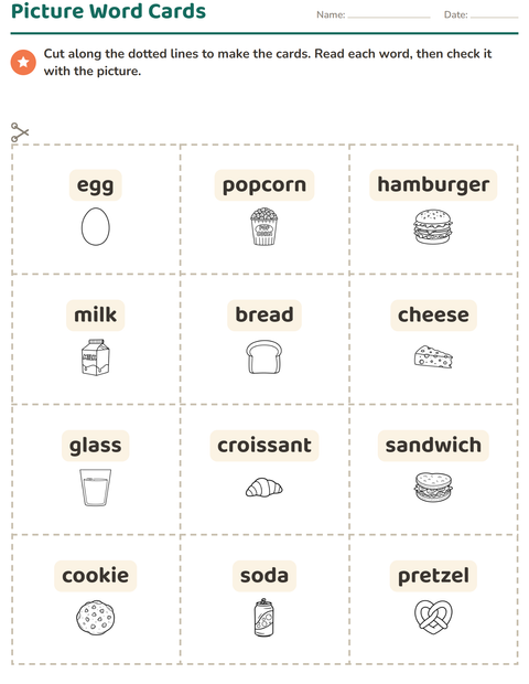 Preview of Picture Word Cards worksheet featuring Food BW 3 for kindergarten