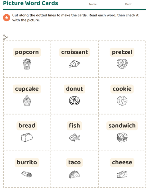 Preview of Picture Word Cards worksheet featuring Food BW for kindergarten