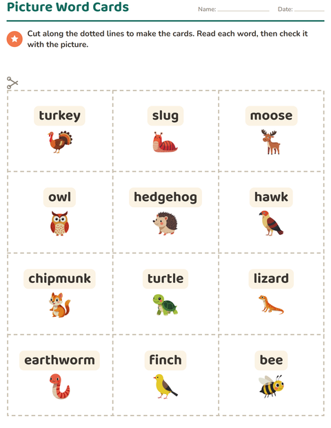 Preview of Picture Word Cards worksheet featuring Forest Creatures for kindergarten