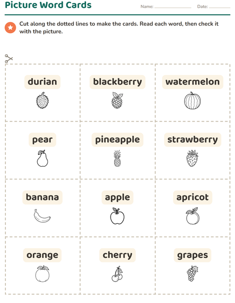 Preview of Picture Word Cards worksheet featuring Fruits BW for kindergarten
