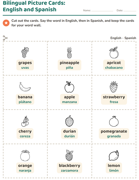 Preview of Picture Word Cards worksheet featuring Fruits BW for kindergarten