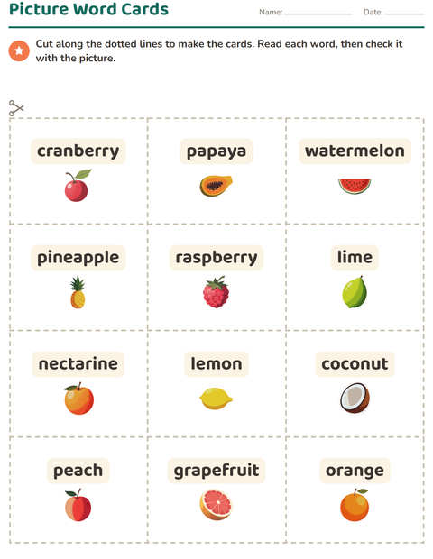 Preview of Picture Word Cards worksheet featuring Fruits for kindergarten