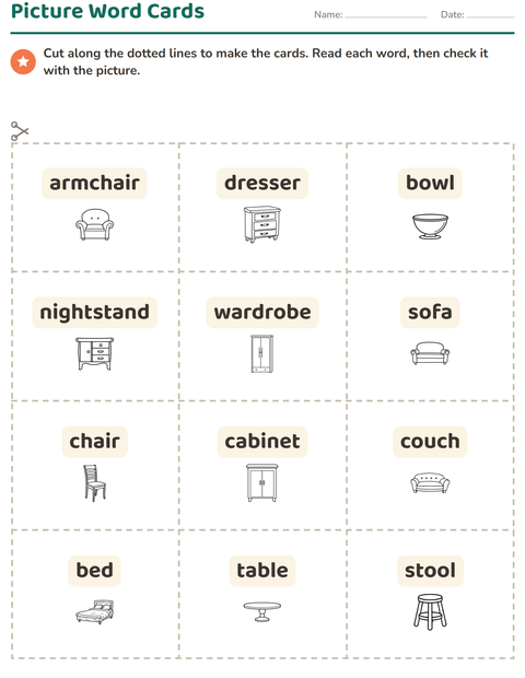 Preview of Picture Word Cards worksheet featuring Furniture BW for kindergarten