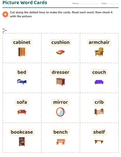 Preview of Picture Word Cards worksheet featuring Furniture for kindergarten