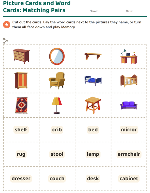 Preview of Picture Word Cards worksheet featuring Furniture for kindergarten