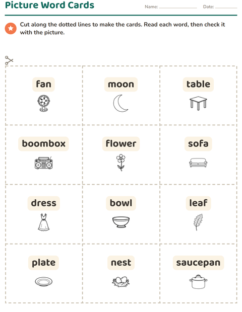 Preview of Picture Word Cards worksheet featuring Home and Nature BW for kindergarten