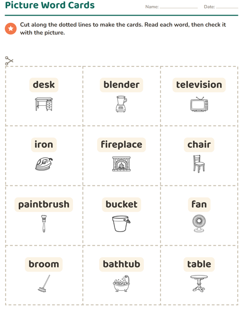 Preview of Picture Word Cards worksheet featuring Home BW 2 for kindergarten