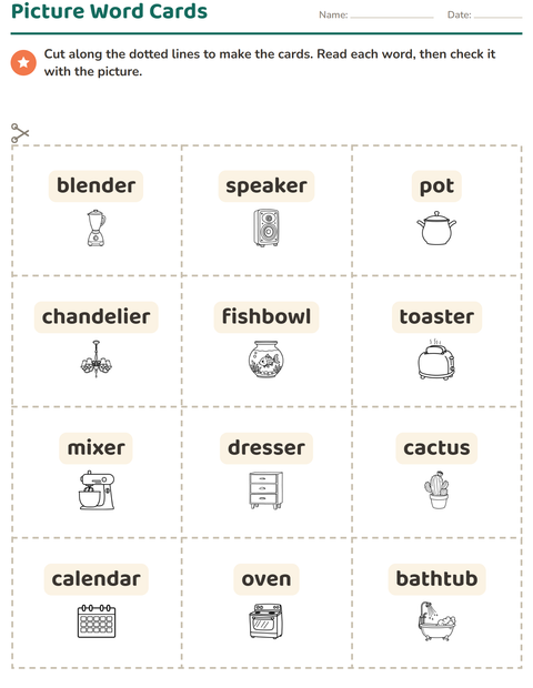 Preview of Picture Word Cards worksheet featuring Home BW for kindergarten