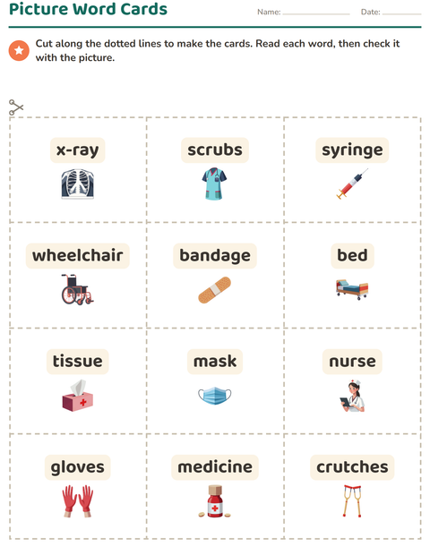 Preview of Picture Word Cards worksheet featuring Hospital for kindergarten