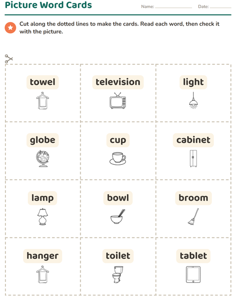 Preview of Picture Word Cards worksheet featuring Household BW for kindergarten