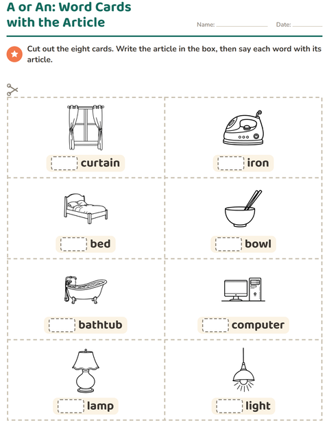 Preview of Picture Word Cards worksheet featuring Household BW for kindergarten