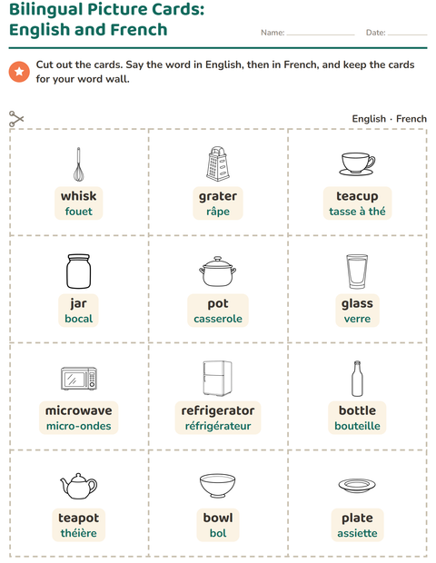 Preview of Picture Word Cards worksheet featuring Kitchen BW for kindergarten