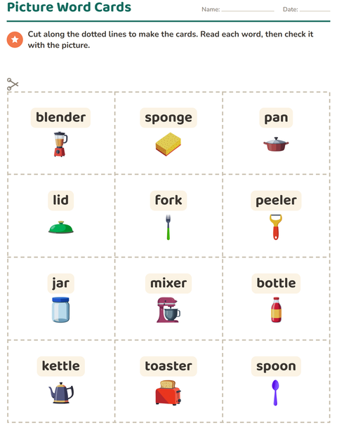 Preview of Picture Word Cards worksheet featuring Kitchen Tools for kindergarten