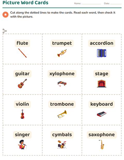 Preview of Picture Word Cards worksheet featuring Music for kindergarten