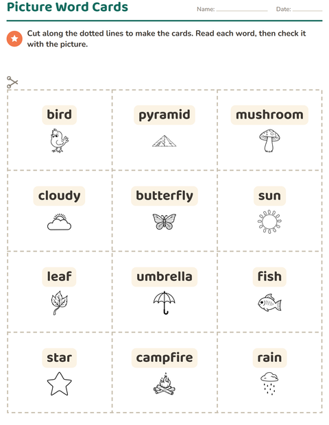 Preview of Picture Word Cards worksheet featuring Nature BW for kindergarten