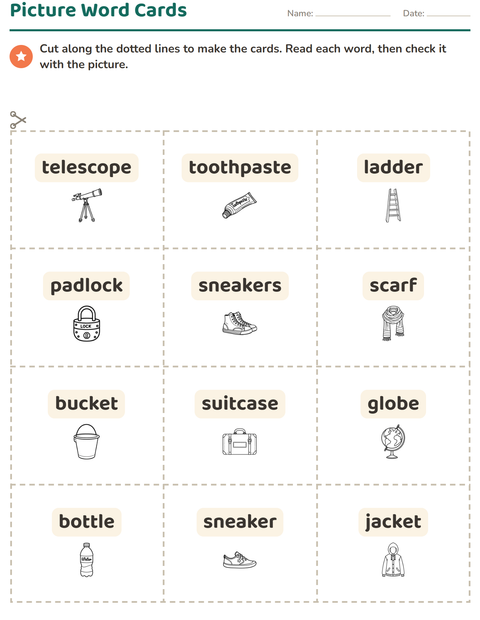 Preview of Picture Word Cards worksheet featuring Objects BW for kindergarten