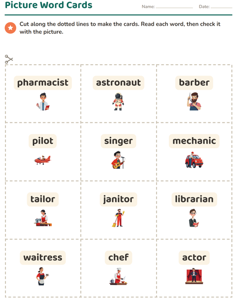 Preview of Picture Word Cards worksheet featuring Occupations for kindergarten