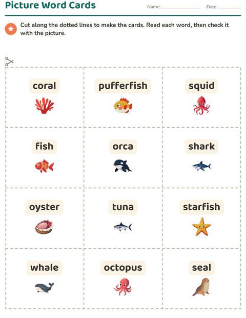 Preview of Picture Word Cards worksheet featuring Ocean Life for kindergarten
