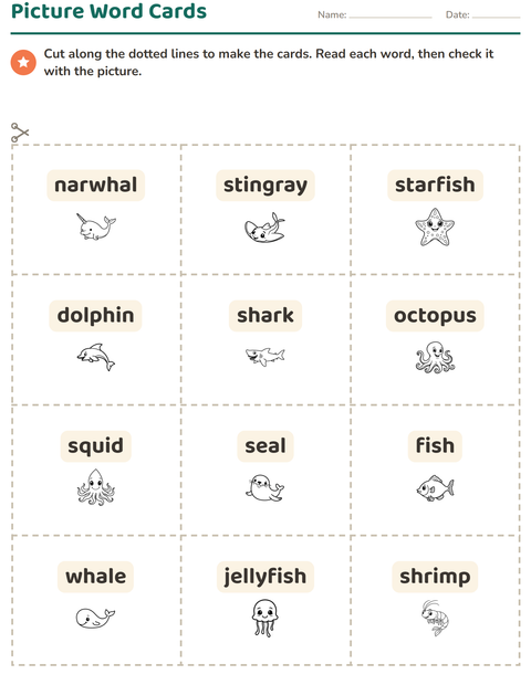 Preview of Picture Word Cards worksheet featuring Sea Life BW 2 for kindergarten