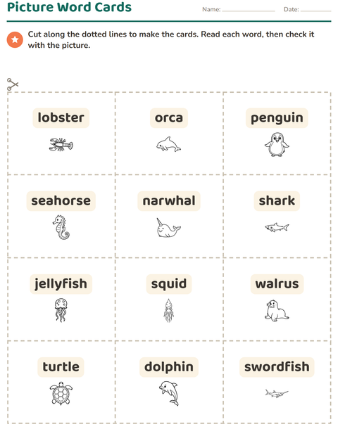 Preview of Picture Word Cards worksheet featuring Sea Life BW for kindergarten