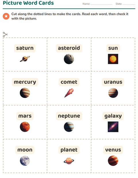 Preview of Picture Word Cards worksheet featuring Space for kindergarten
