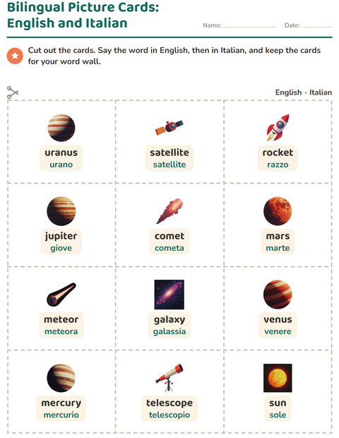 Preview of Picture Word Cards worksheet featuring Space for kindergarten