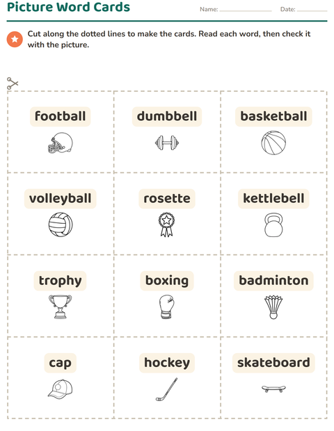 Preview of Picture Word Cards worksheet featuring Sports BW for kindergarten